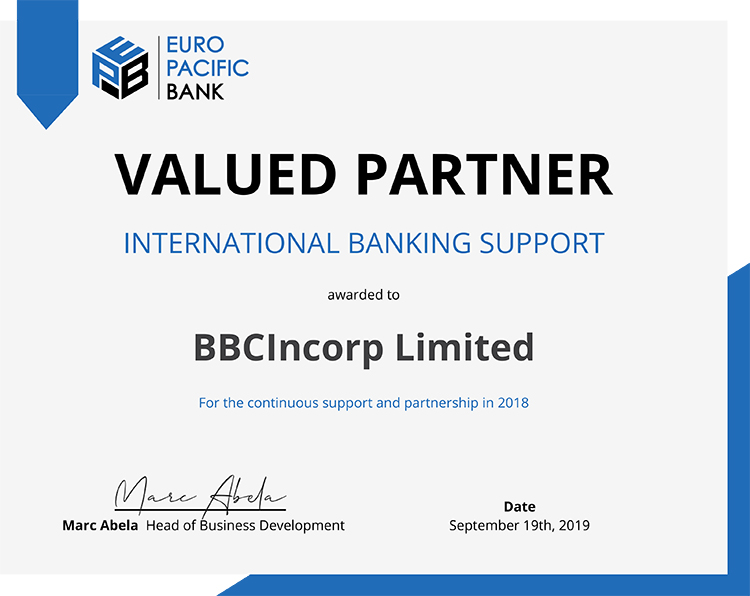 valued partner bbcincorp certificate by euro pacific bank