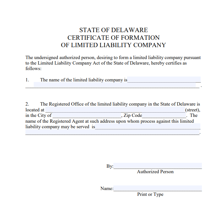 Delaware LLC Formation Form