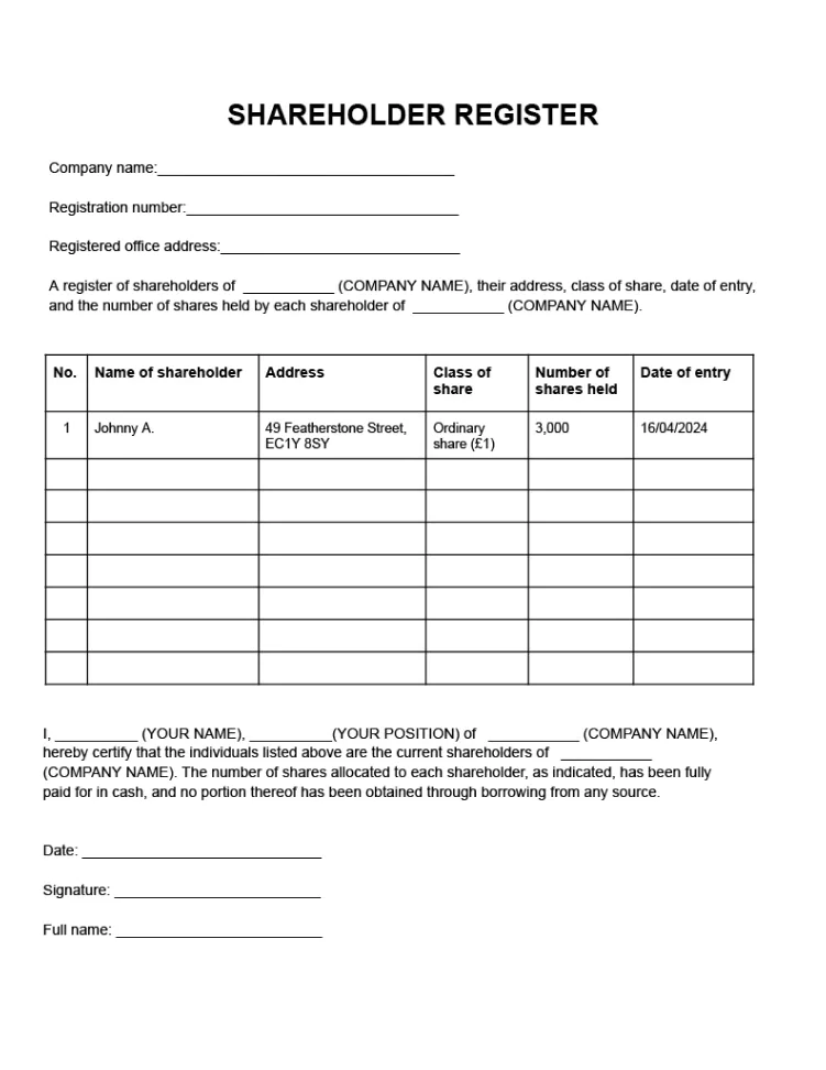 Sample of shareholder register UK template