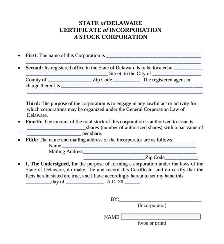 Articles of incorporation certificate in Delaware