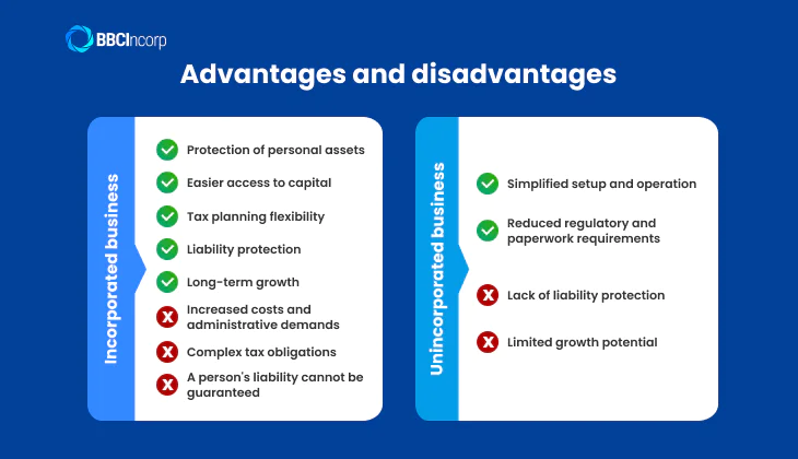 Pros and cons of incorporated and unincorporated businesses.