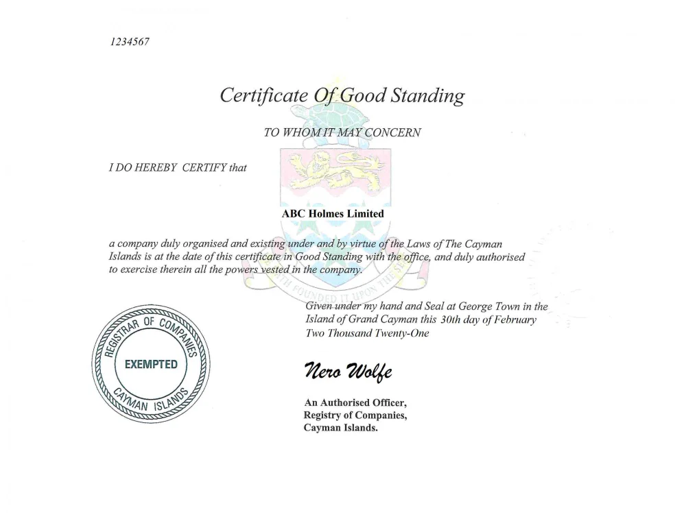 Certificate of Good Standing in the Cayman Island