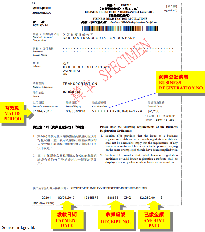 sample of business registration certificate in hk