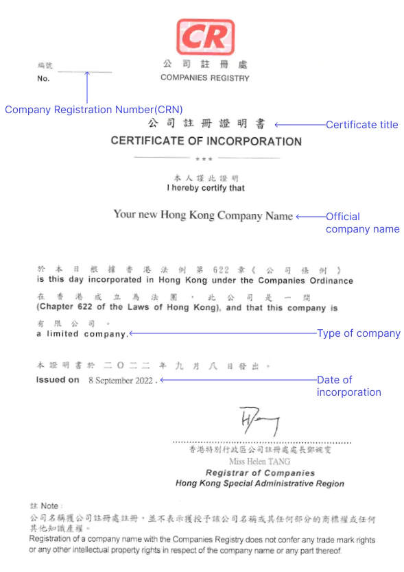 certificate of incorporation hong kong