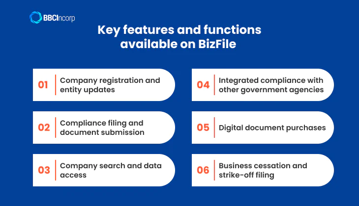 Key features and functions available on BizFile Singapore